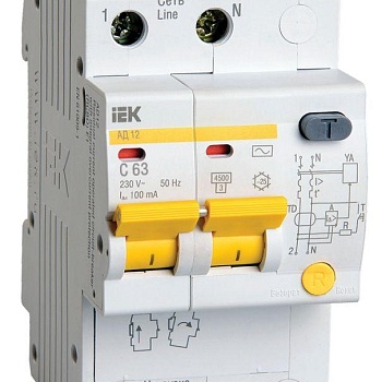 Выключатель автоматический дифференциального тока 2п C 63А 100мА тип AC 4.5кА АД-12 IEK MAD10-2-063-C-100