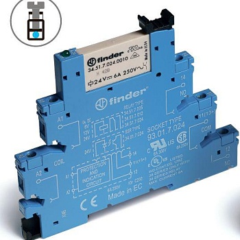Модуль интерфейсный (сборка 34.51.7.024.0010 + 93.01.0.024) электромеханич. реле 1CO 6А AgNi 24В AC/DC IP20 винт. клеммы FINDER 385100240060