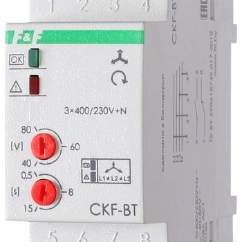 Реле контроля наличия и чередования фаз CKF-BT (монтаж на DIN-рейке 35мм; микропроцессорный; регулировка порога отключения и времени отключения; контроль верхнего и нижнего значений напряжения; 3х400/230+N 2х8А 1Z 1R IP20) F&F EA04.002.004