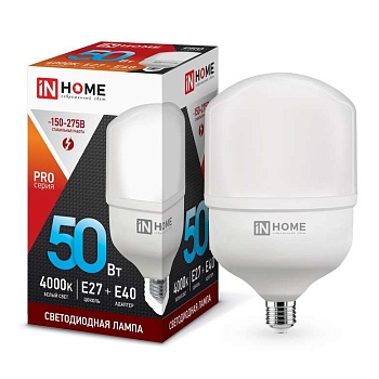 Лампа светодиодная LED-HP-PRO 50Вт 4000К нейтр. бел. E27 4500лм 230В с адаптером E40 IN HOME 4690612031118