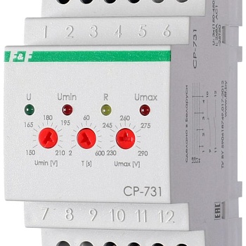 Реле напряжения CP-731 (трехфазный; микропроцессорный; контроль верхнего и нижнего значений напряжения; контроль асимметрии; чередования фаз; монтаж на DIN-рейке 35мм 3х400/230+N 2х8А 1Z 1R IP20) F&F EA04.009.005