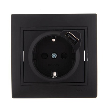 Розетка 1-м СП Mira 16А с заземл. + USB разъем черн. бархат LEZARD 701-4242-181