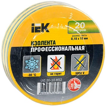Изолента ПВХ 0.18х19мм желт./зел. (рул.20м) IEK UIZ-20-10-K52