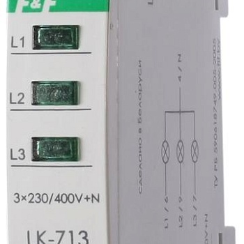 Указатель напряжения LK-713 3 зел. светодиода (сигнализация наличия 3ф 35мм 3х400/230+N IP20 монтаж на DIN-рейке) F&F EA04.007.002