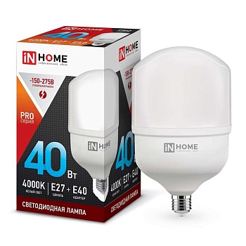 Лампа светодиодная LED-HP-PRO 40Вт 4000К нейтр. бел. E27 3600лм 230В с адаптером E40 IN HOME 4690612031095