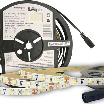 Лента светодиодная 71 402 NLS-3528WW60-4.8 IP20 12B R5 4.8Вт/м (уп.5м) Navigator 71402