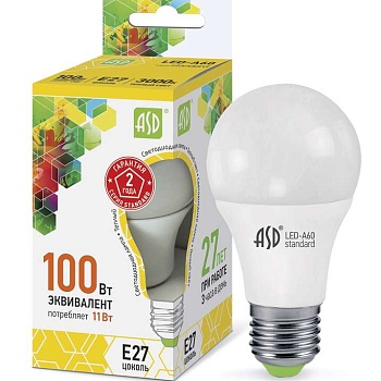 Лампа светодиодная LED-A60-standard 11Вт грушевидная 3000К тепл. бел. E27 990лм 160-260В ASD 4690612001739